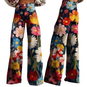 NEW so fun FLOWER jeans hippy boho Brynne Floral Wide pants XS 25 0 2